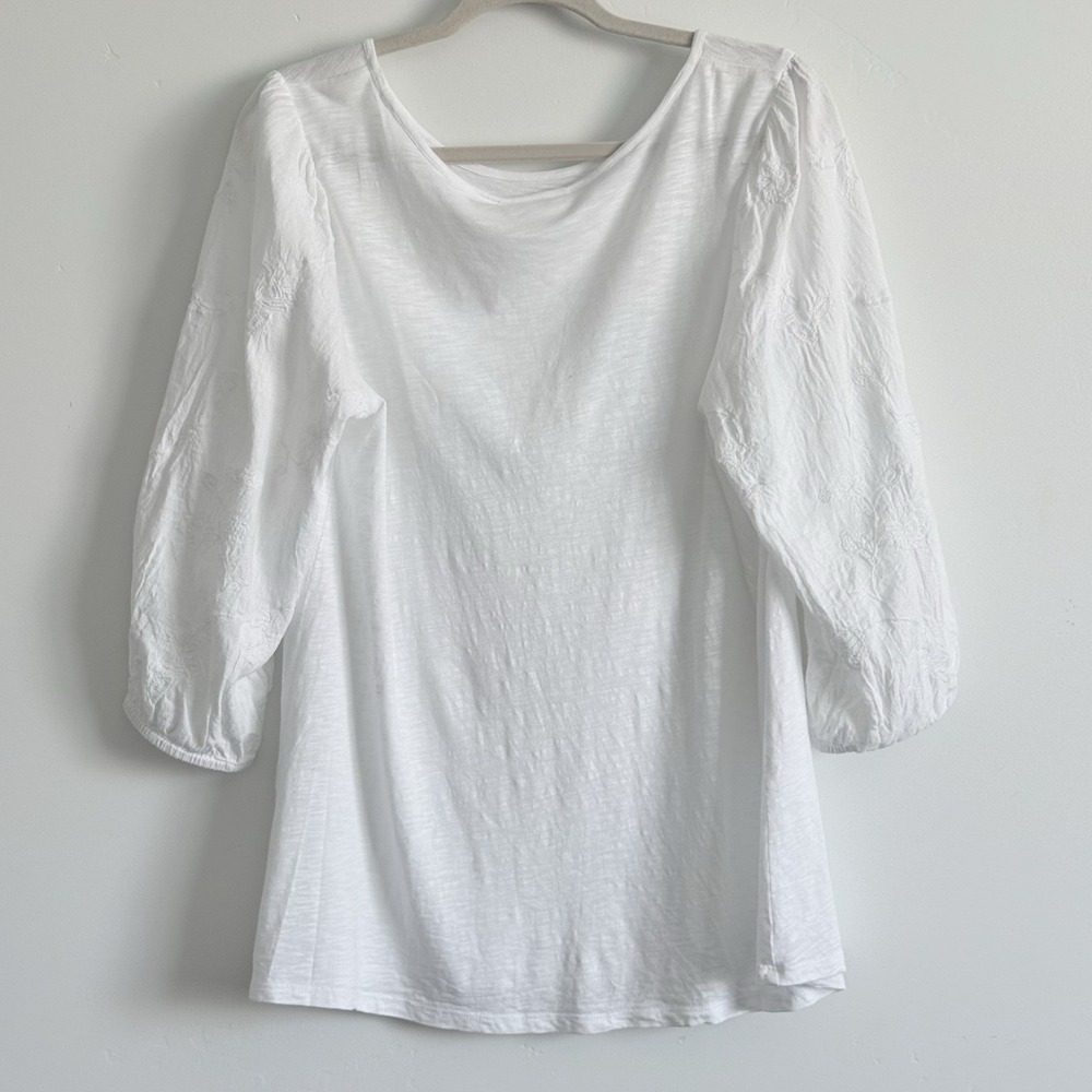 J.Jill top Woman MT White Scandi Euro Summer Coastal embroidered sleeve - Picture 8 of 8
